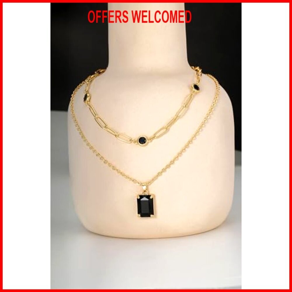 14k Gold Plated Rhinestone Choker Necklace, Layered Pendant Paperclip Design - Picture 8 of 8